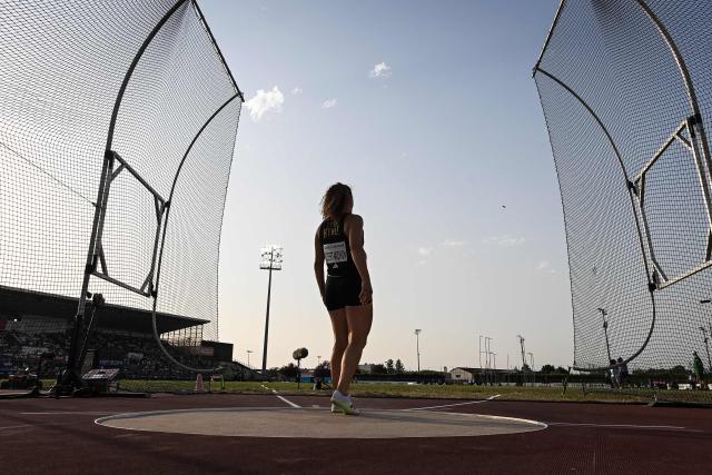 French athlete Melina Robert-Michon reacts as she competes in the women discus throw event at the 2026 French Athletics Championships at the municipal stadium in Albi, southwestern France, on July 24, 2026 (Photo by Matthieu RONDEL / AFP)