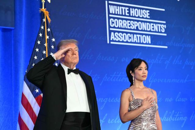 US President Donald Trump salutes during the 2026 White House Correspondents' Association (WHCA) Dinner at the Waldorf Astoria in Washington, DC, on July 24, 2026. The 2026 WHCA Dinner was originally scheduled for April 25 at the Washington Hilton, but was rescheduled and relocated after an alleged gunman breached security. (Photo by Mandel NGAN / AFP)