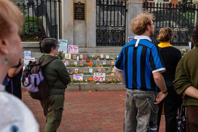 People view a memorial honoring people who have been killed during US Immigration and Customs Enforcement (ICE) operations on the steps of the State House during a 24-hour vigil in Boston, on July 24, 2026. (Photo by JOSEPH PREZIOSO / AFP)