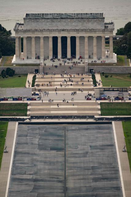 The Lincoln Memorial and the currently drained Lincoln Memorial Reflecting Pool are seen from the observation deck of the Washington Monument in Washington, DC on July 24, 2026. (Photo by Kent Nishimura / AFP)