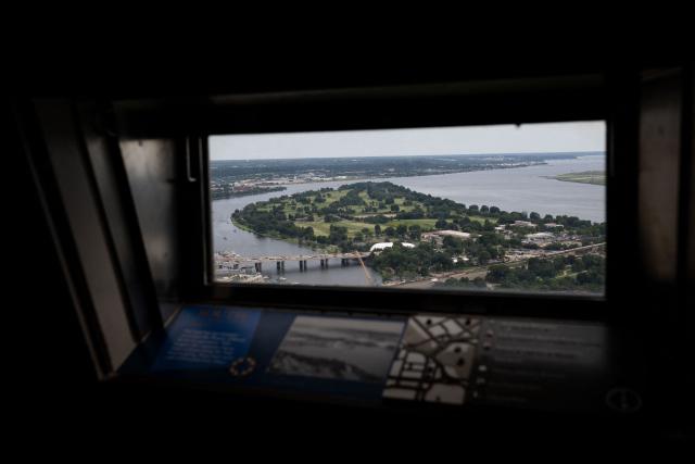 A view of East Potomac Park and the Potomac river is seen from the observation deck of the Washington Monument in Washington, DC on July 24, 2026. (Photo by Kent Nishimura / AFP)