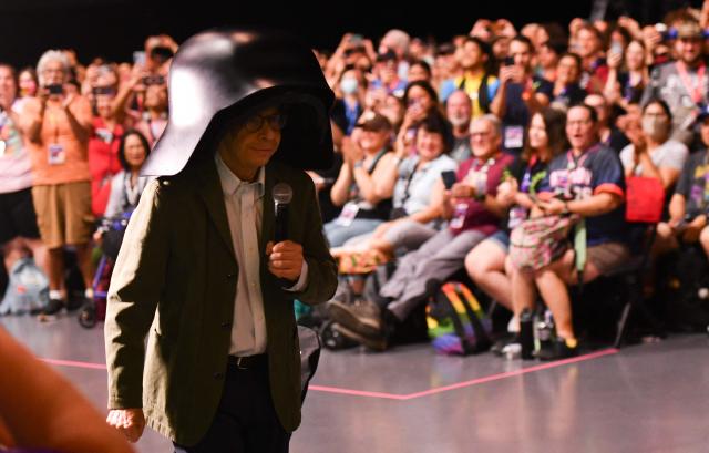 Canadian actor Rick Moranis wears his Lord Dark Helmet costume as he attends “Spaceballs: The New One” panel during Comic Con International in San Diego on July 24, 2026. (Photo by Chris DELMAS / AFP)