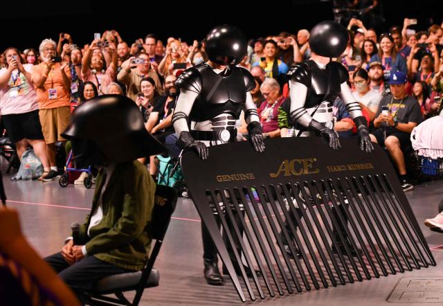 Canadian actor Rick Moranis wears his Lord Dark Helmet costume as he attends “Spaceballs: The New One” panel during Comic Con International in San Diego on July 24, 2026. (Photo by Chris DELMAS / AFP)