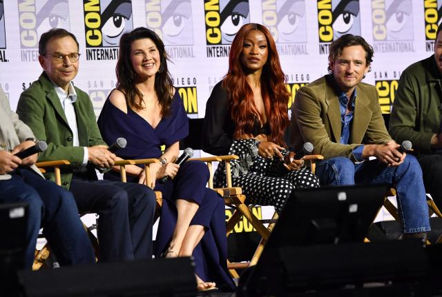 (L-R) Canadian actor Rick Moranis and US actors Daphne Zuniga, Keke Palmer and Lewis Pullman attend “Spaceballs: The New One” panel during Comic Con International in San Diego on July 24, 2026. (Photo by Chris DELMAS / AFP)