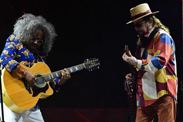 Brazilian singer Chico Cesar (L) and Geraldo Azevedo perform during the Rio 2026 Winter Festival at Marina da Gloria in Rio de Janeiro, Brazil on July 24, 2026. (Photo by Pablo PORCIUNCULA / AFP)
