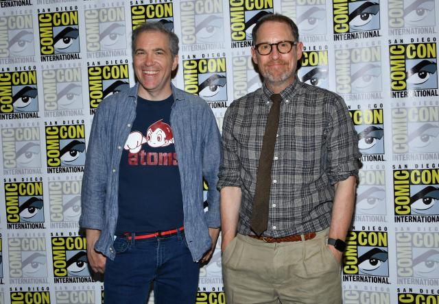 Writers Seth Hoffman (L) and Scott M. Gimple attend the press conference for AMC's "The Walking Dead: Dead City" Season 3 during Comic Con International in San Diego on July 24, 2026. (Photo by Chris DELMAS / AFP)