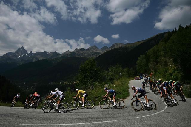UAE Team Emirates - XRG's Slovenian rider Tadej Pogacar wearing the overall leader's yellow jersey cycles during the 20th stage of the 113th edition of the Tour de France cycling race, 170,9 km between Le Bourg-d'Oisans and Alpe d'Huez in the French Alps, on July 25, 2026. (Photo by Loic VENANCE / AFP)
