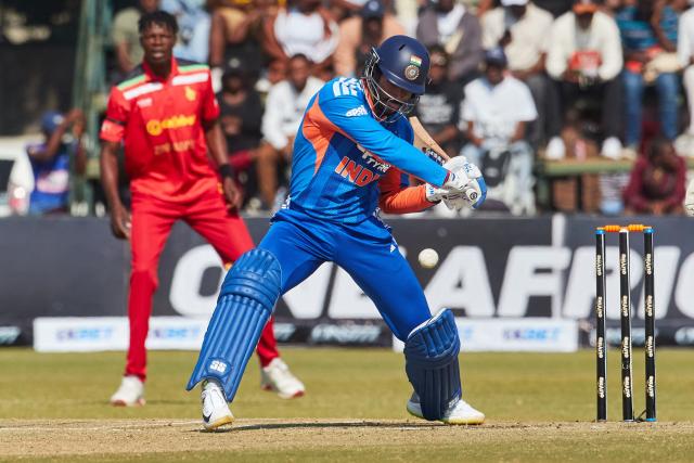 India's Tilak Varma plays a shot during the second Twenty20 international cricket match between Zimbabwe and India at Harare Sports Club in Harare, on July 25, 2026. (Photo by Jekesai NJIKIZANA / AFP)
