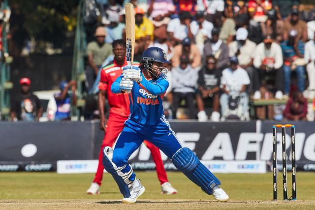 India's Tilak Varma watches the ball after playing a shot during the second Twenty20 international cricket match between Zimbabwe and India at Harare Sports Club in Harare, on July 25, 2026. (Photo by Jekesai NJIKIZANA / AFP)