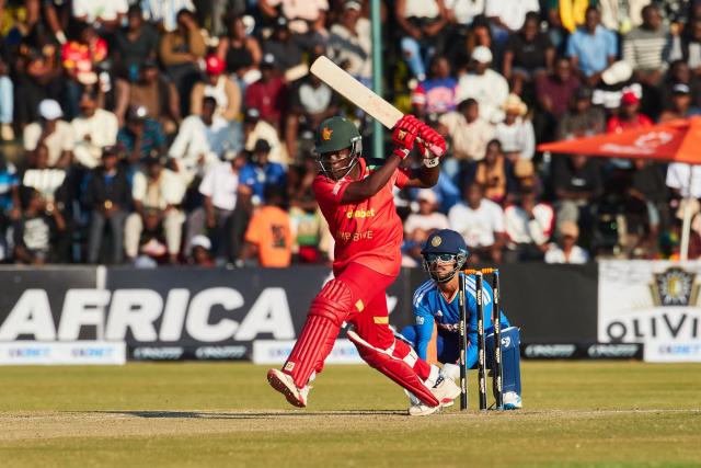 Zimbabwe's Newman Nyamhuri plays a shot during the second Twenty20 international cricket match between Zimbabwe and India at Harare Sports Club in Harare, on July 25, 2026. (Photo by Jekesai NJIKIZANA / AFP)