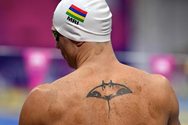 Mauritius' Bradley Vincent warms up for the Men's 50m Freestyle Semi-Finalduring the swimming event at the Tollcross International Swimming Centre in Glasgow, on day two of the Commonwealth Games in Glasgow, Scotland, on July 25, 2026. (Photo by Oli SCARFF / AFP)