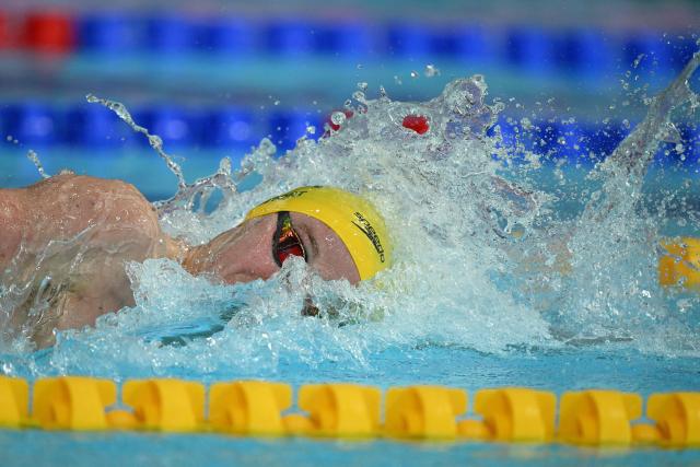 Australia's Sam Short swims to win the Men's 400m Freestyle Final during the swimming event at the Tollcross International Swimming Centre in Glasgow, on day two of the Commonwealth Games in Glasgow, Scotland, on July 25, 2026. (Photo by Oli SCARFF / AFP)