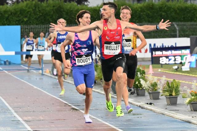 Alexis Miellet celebrates as he wins the 3000m steeple of the 2026 French Athletics Championships at the municipal stadium in Albi, southern France, on July 25, 2026. (Photo by Matthieu RONDEL / AFP)
