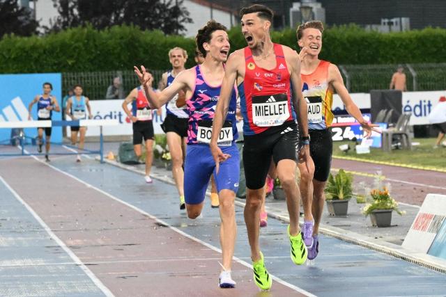 Alexis Miellet celebrates as he wins the 3000m steeple of the 2026 French Athletics Championships at the municipal stadium in Albi, southern France, on July 25, 2026. (Photo by Matthieu RONDEL / AFP)