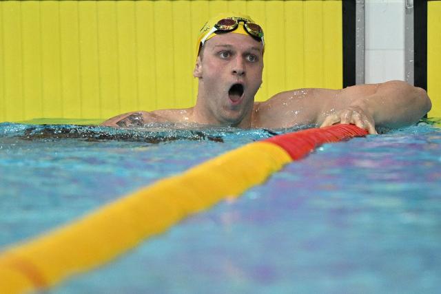 Australia's Sam Williamson reacts after winning the Men's 100m Breaststroke Final during the swimming event at the Tollcross International Swimming Centre in Glasgow, on day two of the Commonwealth Games in Glasgow, Scotland, on July 25, 2026. (Photo by Oli SCARFF / AFP)