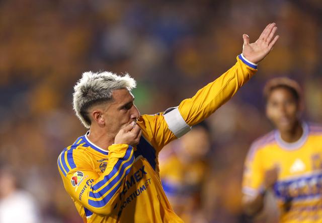 Tigres' Uruguayan midfielder #08 Fernando Gorriaran celebrates after scoring the opening goal during the Liga MX Apertura football match between Tigres and San Luis at the Universitario stadium in San Nicolas de los Garza, state of Nuevo Leon, Mexico on July 25, 2026. (Photo by Julio Cesar AGUILAR / AFP)