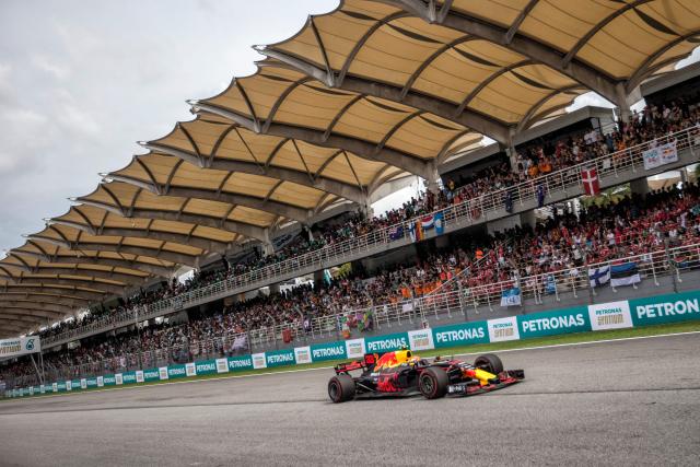 (FILES) Red Bull's Dutch driver Max Verstappen drives his car during the Formula One Malaysia Grand Prix in Sepang on October 1, 2017. The Bahrain Grand Prix, which was cancelled in April due to the Middle East war, will be held in Malaysia in early October, Formula One organisers announced on July 26, 2026. "Formula 1 and the FIA can confirm that Malaysia will host the... Bahrain Grand Prix at the Sepang International Circuit from October 2-4 2026," F1 and motorsport's world governing body said in a statement. (Photo by AHMAD YUSNI / POOL / AFP)