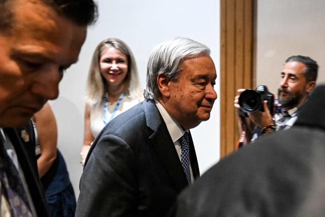 United Nations Secretary-General Antonio Guterres walks at a press conference in Damascus on July 26, 2026. (Photo by LOUAI BESHARA / AFP)