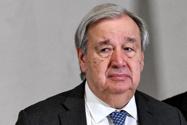 United Nations Secretary-General Antonio Guterres gives a press conference in Damascus on July 26, 2026. (Photo by LOUAI BESHARA / AFP)