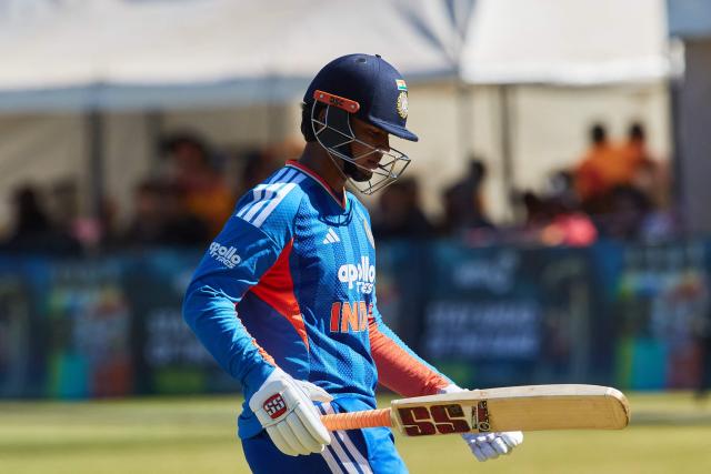 India's Vaibhav Sooryavanshi walks off the field after loosing his wicket during the third Twenty20 international cricket match between Zimbabwe and India at Harare Sports Club in Harare, on July 26, 2026. (Photo by Jekesai NJIKIZANA / AFP)