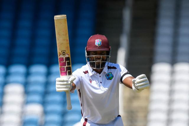Shai Hope of West Indies celebrates his half century during the 2nd day of 1st Test match between West Indies and Pakistan at Brian Lara Cricket Academy in Tarouba, Trinidad and Tobago on July 26, 2026. (Photo by Randy Brooks / AFP)