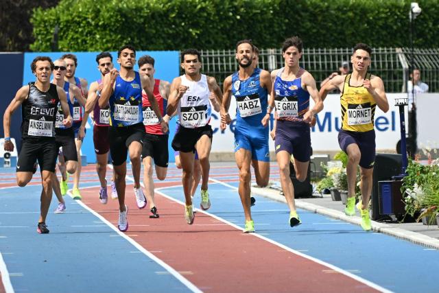 (1st row - from L) French runners Paul Anselmini, Anas Lagtiy Chaoudar, Flavien Szot, Azeddine Habz, Titouan Le Grix and Romain Mornet compete in the men’s 1500m final of the 2026 French Athletics Championships at the Municipal Stadium in Albi, southwestern France, on July 26, 2026. (Photo by Matthieu RONDEL / AFP)
