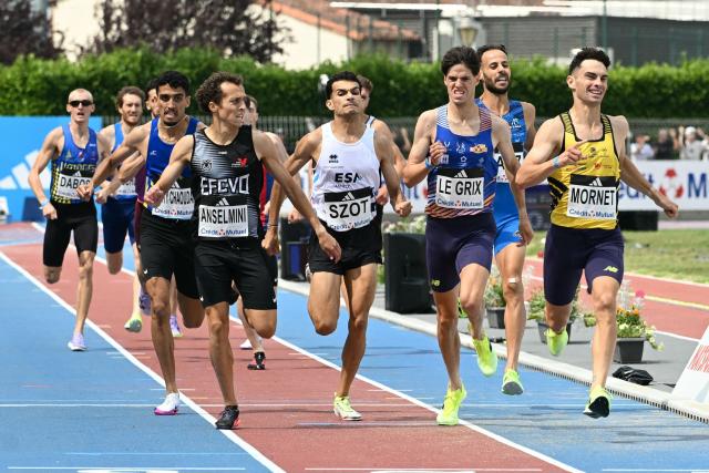 (1st row - from L) French runners Paul Anselmini, Flavien Szot, Titouan Le Grix and Romain Mornet compete in the men’s 1500m final of the 2026 French Athletics Championships at the Municipal Stadium in Albi, southwestern France, on July 26, 2026. (Photo by Matthieu RONDEL / AFP)