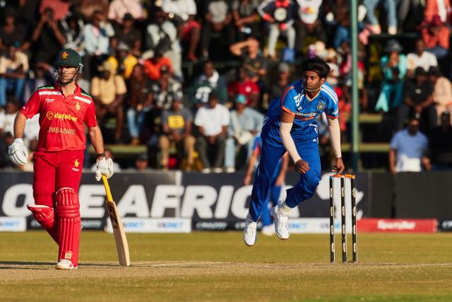 India's Mayank Yadav delivers a ball during the third Twenty20 international cricket match between Zimbabwe and India at Harare Sports Club in Harare, on July 26, 2026. (Photo by Jekesai NJIKIZANA / AFP)