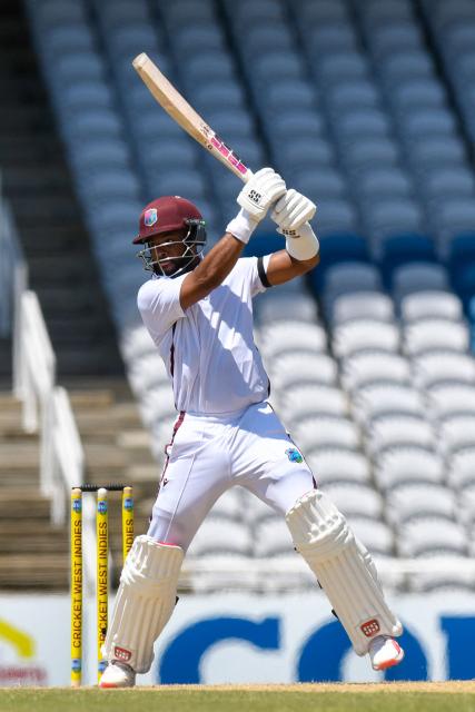 Shai Hope of West Indies hits 4 during the 2nd day of 1st Test match between West Indies and Pakistan at Brian Lara Cricket Academy in Tarouba, Trinidad and Tobago on July 26, 2026. (Photo by Randy Brooks / AFP)