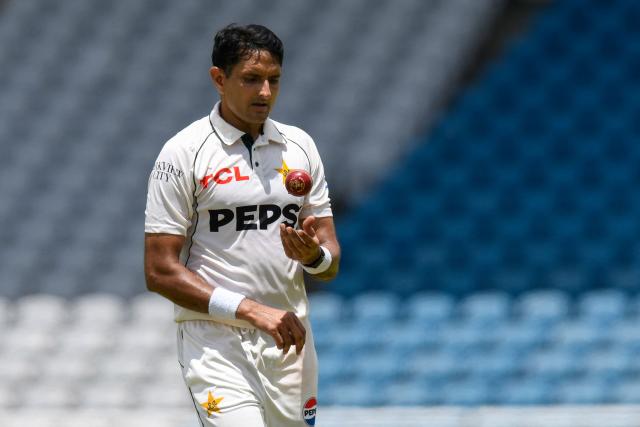 Mohammad Abbas of Pakistan during the 2nd day of 1st Test match between West Indies and Pakistan at Brian Lara Cricket Academy in Tarouba, Trinidad and Tobago on July 26, 2026. (Photo by Randy Brooks / AFP)