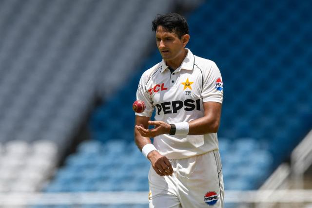Mohammad Abbas of Pakistan during the 2nd day of 1st Test match between West Indies and Pakistan at Brian Lara Cricket Academy in Tarouba, Trinidad and Tobago on July 26, 2026. (Photo by Randy Brooks / AFP)