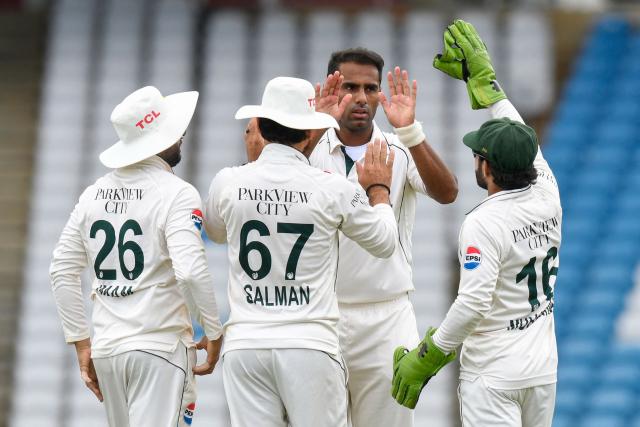 Mohammad Ali (2L) of Pakistan celebrates the dismissal of Shamar Joseph (R) of West Indies during the 2nd day of 1st Test match between West Indies and Pakistan at Brian Lara Cricket Academy in Tarouba, Trinidad and Tobago on July 26, 2026. (Photo by Randy Brooks / AFP)