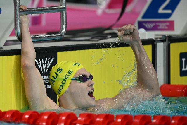 Australia's Timothy Hodge reacts after winning the Men's S9 100m Backstroke Final during the swimming event at the Tollcross International Swimming Centre in Glasgow, on day three of the Commonwealth Games in Glasgow, Scotland, on July 26, 2026. (Photo by Oli SCARFF / AFP)