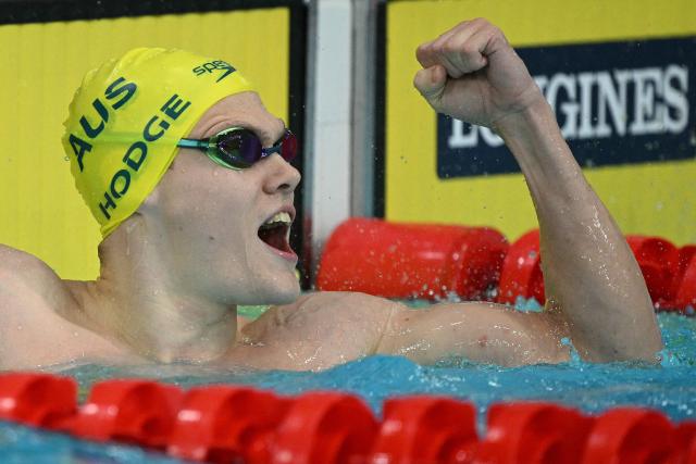 Australia's Timothy Hodge reacts after winning the Men's S9 100m Backstroke Final during the swimming event at the Tollcross International Swimming Centre in Glasgow, on day three of the Commonwealth Games in Glasgow, Scotland, on July 26, 2026. (Photo by Oli SCARFF / AFP)