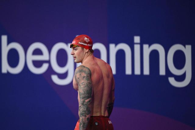 England's Adam Ramsay-Peaty leaves after the Men's 50m Breaststroke Semi-Final during the swimming event at the Tollcross International Swimming Centre in Glasgow, on day three of the Commonwealth Games in Glasgow, Scotland, on July 26, 2026. (Photo by Oli SCARFF / AFP)