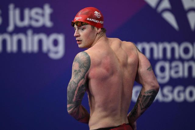 England's Adam Ramsay-Peaty leaves after the Men's 50m Breaststroke Semi-Final during the swimming event at the Tollcross International Swimming Centre in Glasgow, on day three of the Commonwealth Games in Glasgow, Scotland, on July 26, 2026. (Photo by Oli SCARFF / AFP)