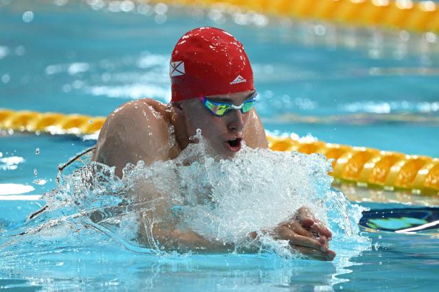 Jersey's Filip Nowacki competes in the Men's 50m Breaststroke Semi-Final during the swimming event at the Tollcross International Swimming Centre in Glasgow, on day three of the Commonwealth Games in Glasgow, Scotland, on July 26, 2026. (Photo by Oli SCARFF / AFP)