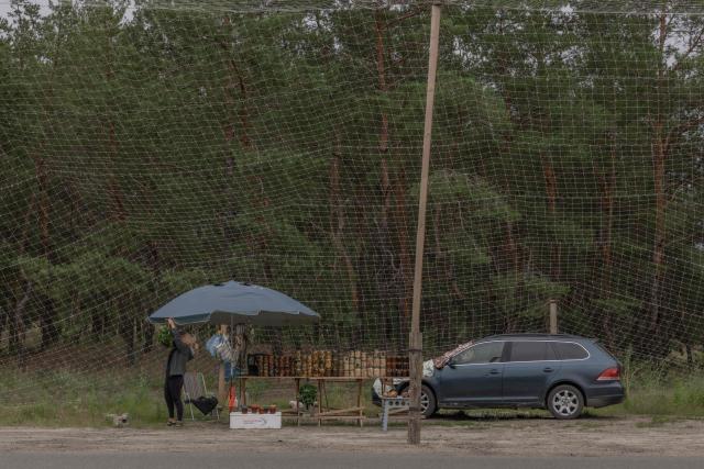 A woman sells homemade canned goods at a roadside stall covered with anti-drone nets on the outskirts of the town of Izium, in the eastern Kharkiv region, on July 25, 2026, amid the Russian invasion of Ukraine. (Photo by Roman PILIPEY / AFP)