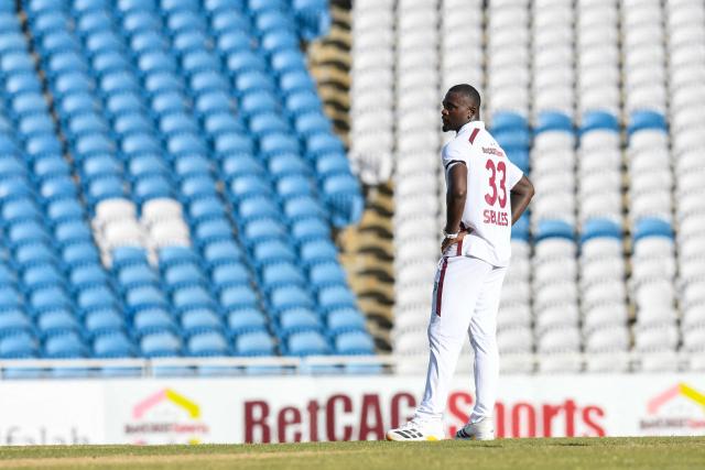 Jayden Seales of West Indies watching the 3rd umpire review on the screen during the 2nd day of 1st Test match between West Indies and Pakistan at Brian Lara Cricket Academy in Tarouba, Trinidad and Tobago on July 26, 2026. (Photo by Randy Brooks / AFP)