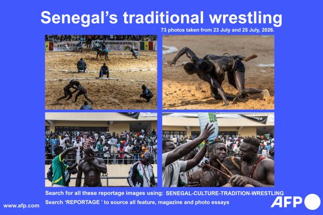 AFP presents a reportage of 73 photos taken by Patrick Meinhardt between July 23 and July 25, 2026, showing traditional wrestlers competing in the 26th edition of the Drapeau du Chef de l'Etat national wrestling championship at the National Wrestling Arena in Pikine, in the Dakar region in Senegal. Search for all these reportage images using: SENEGAL-CULTURE-TRADITION-WRESTLING
Search "REPORTAGE" to source all feature, magazine and visual stories (Photo by Patrick MEINHARDT / AFP)