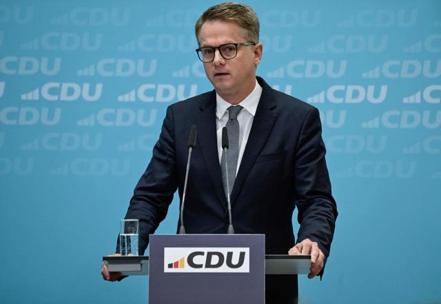 Outgoing Secretary General of Germany's Christian Democratic Union (CDU) and designated Health Minister Carsten Linnemann speaks during a press conference to announce changes in the German government and within the leadership at Germany's Christian Democratic Union (CDU), at the CDU headquarters in Berlin on July 27, 2026. (Photo by John MACDOUGALL / AFP)