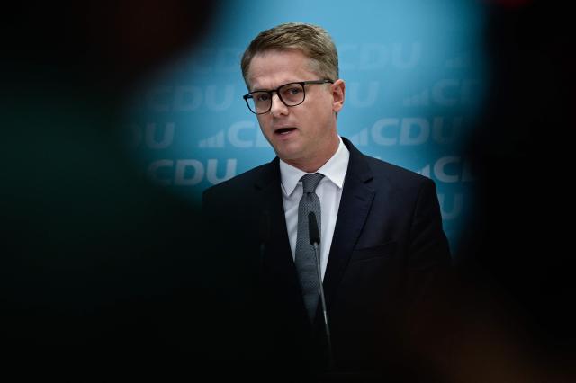 Outgoing Secretary General of Germany's Christian Democratic Union (CDU) and designated Health Minister Carsten Linnemann speaks during a press conference to announce changes in the German government and within the leadership at Germany's Christian Democratic Union (CDU), at the CDU headquarters in Berlin on July 27, 2026. (Photo by John MACDOUGALL / AFP)