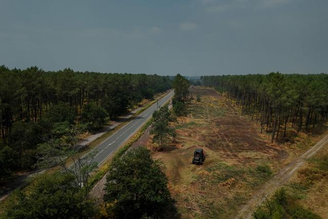 This aerial view shows a fire line, a break in vegetation, near Marcheprime, west of Bordeaux, on July 27, 2026, during wildfires in the Gironde region, southwestern France. Firefighters battled massive blazes tearing through forests across France on July 27, as authorities warned of a fresh heatwave set to engulf the scorched French wine-growing region around the major city of Bordeaux. (Photo by Philippe LOPEZ / AFP)