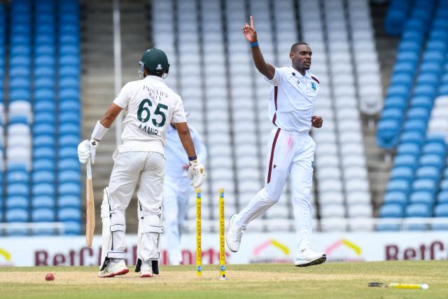 Justin Greaves (R) of West Indies celebrates the dismissal of Aamir Jamal (L) of Pakistan during the 3rd day of 1st Test match between West Indies and Pakistan at Brian Lara Cricket Academy in Tarouba, Trinidad and Tobago on July 27, 2026. The emergency session was requested by Ukraine and backed by European members to address recent Russian missile and drone strikes hitting civilian cargo ships and port infrastructure in the Black Sea. (Photo by Randy Brooks / AFP)