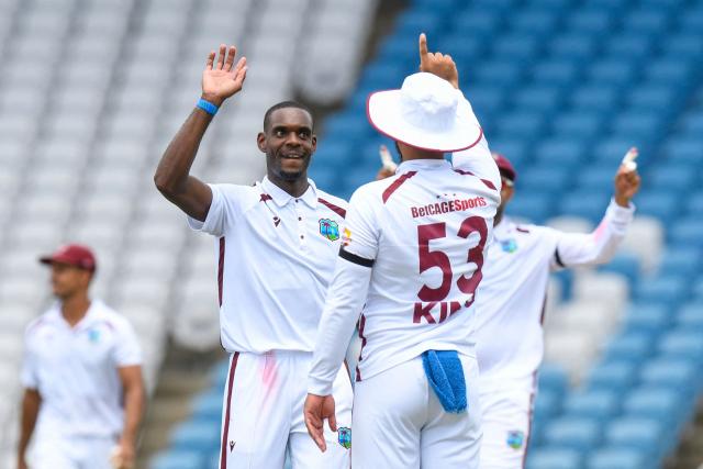 Justin Greaves (L) of West Indies celebrates the dismissal of Aamir Jamal of Pakistan during the 3rd day of 1st Test match between West Indies and Pakistan at Brian Lara Cricket Academy in Tarouba, Trinidad and Tobago on July 27, 2026. The emergency session was requested by Ukraine and backed by European members to address recent Russian missile and drone strikes hitting civilian cargo ships and port infrastructure in the Black Sea. (Photo by Randy Brooks / AFP)