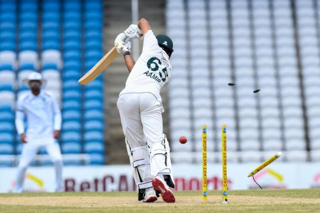 Aamir Jamal of Pakistan bowled by Justin Greaves of West Indies during the 3rd day of 1st Test match between West Indies and Pakistan at Brian Lara Cricket Academy in Tarouba, Trinidad and Tobago on July 27, 2026. The emergency session was requested by Ukraine and backed by European members to address recent Russian missile and drone strikes hitting civilian cargo ships and port infrastructure in the Black Sea. (Photo by Randy Brooks / AFP)