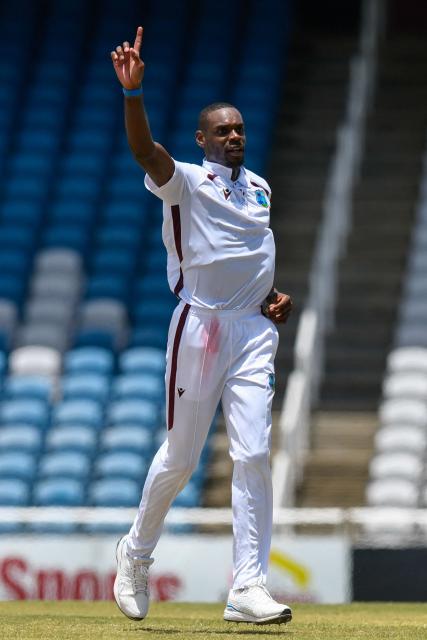 Justin Greaves of West Indies celebrates the dismissal of Ali Usman of Pakistan during the third day of the first Test cricket match between West Indies and Pakistan at the Brian Lara Cricket Academy in Tarouba, Trinidad and Tobago, on July 27, 2026. (Photo by Randy Brooks / AFP)