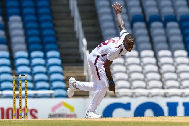 Justin Greaves of West Indies bowls during the third day of the first Test cricket match between West Indies and Pakistan at the Brian Lara Cricket Academy in Tarouba, Trinidad and Tobago, on July 27, 2026. (Photo by Randy Brooks / AFP)