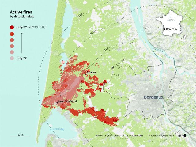 A photo created on July 27, 2026 combining data from the European Forest Fire Information System (Effis) and NASAs Visible Infrared Imaging Radiometer Suite (VIIRS) shows a map depicting active wildfires, the progression of burned areas since July 22, 2026, and the distance of the active fires from the city of Bordeaux, southwestern France. A massive wildfire in France's Gironde department, home to Bordeaux, remained "broadly stable overnight," the local authority said on July 27, 2026. "The situation remained broadly stable overnight, with no major developments. Security and emergency services remain fully mobilised and are continuing their operations on the ground," the local authority said in a statement. (Photo by Nalini LEPETIT-CHELLA and Sherine ELSAYARY / AFP)