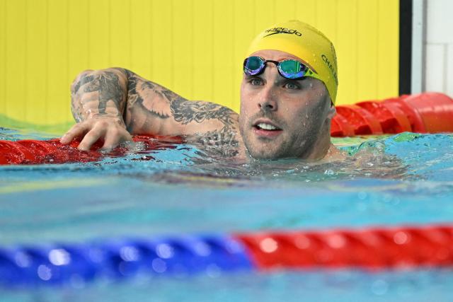 Australia's Kyle Chalmers reacts after winning the Men's 100m Freestyle Semi-Final at the swimming event at the Tollcross International Swimming Centre in Glasgow, on day four of the Commonwealth Games in Glasgow, Scotland, on July 27, 2026. (Photo by Oli SCARFF / AFP)